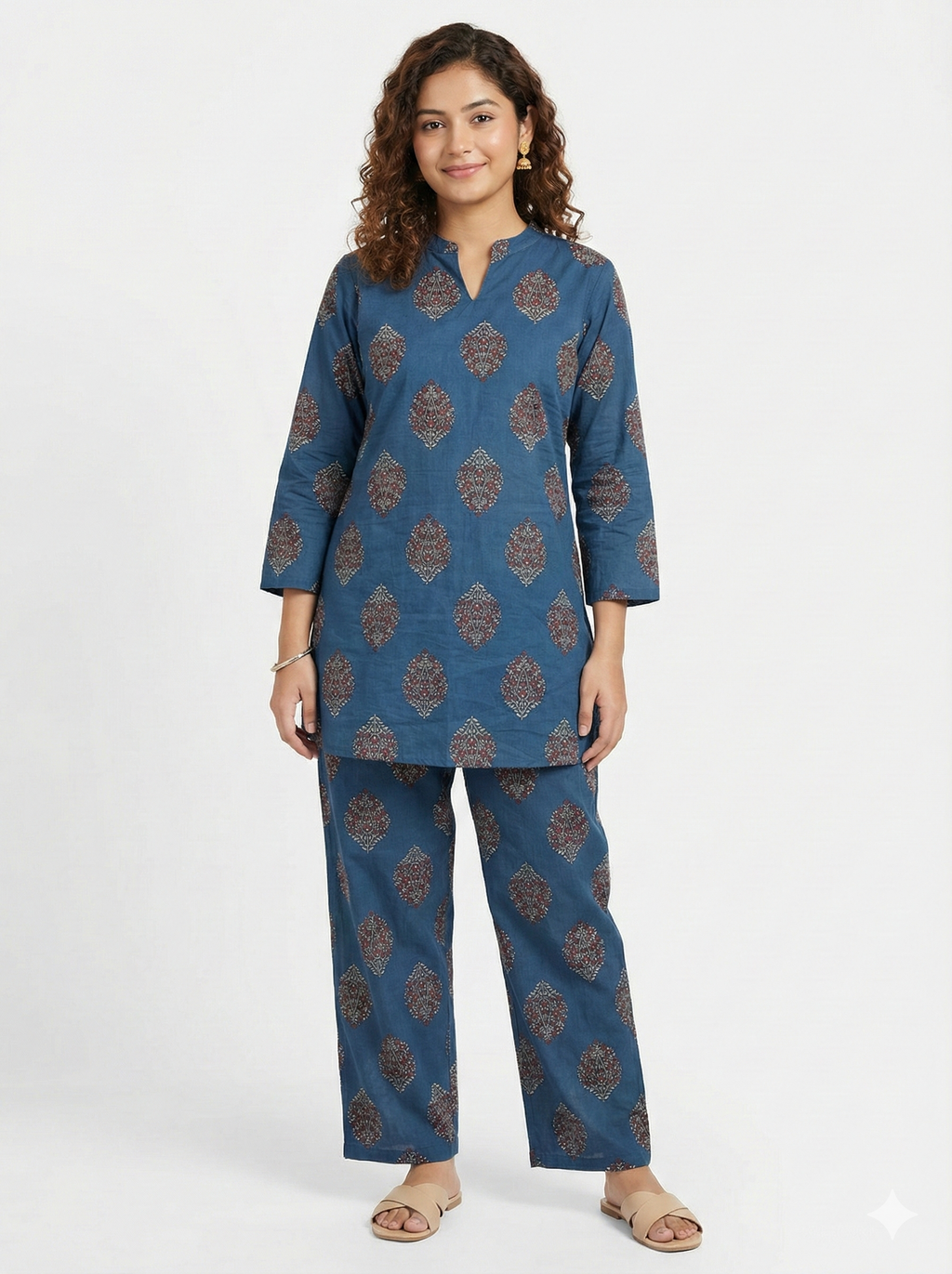Jaipur Tales Women’s Indigo Printed Cotton Lounge Co-ord Set | Ethnic Night Suit with Kurta & Pants