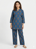 Jaipur Tales Women’s Indigo Printed Cotton Lounge Co-ord Set | Ethnic Night Suit with Kurta & Pants