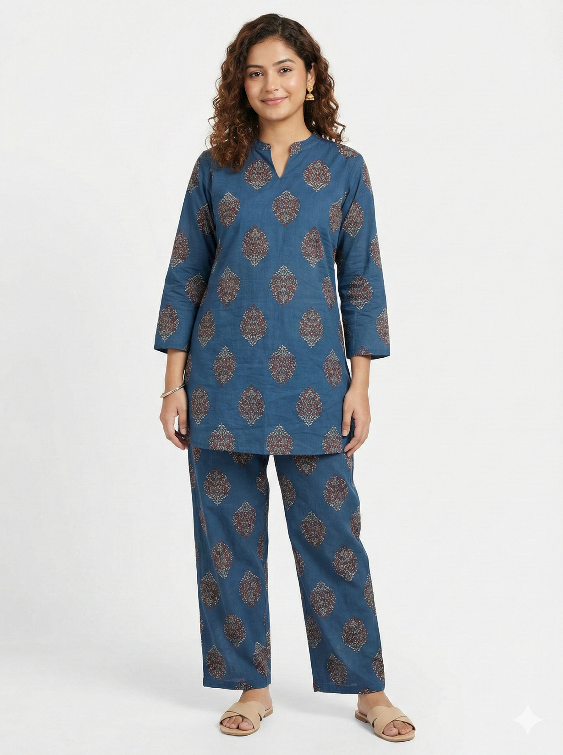 Jaipur Tales Women’s Indigo Printed Cotton Lounge Co-ord Set | Ethnic Night Suit with Kurta & Pants