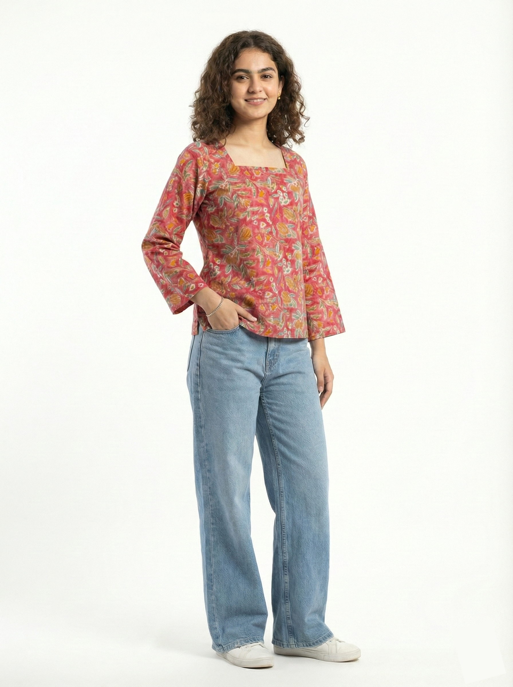 Square Neck Kurti Top (Pink)