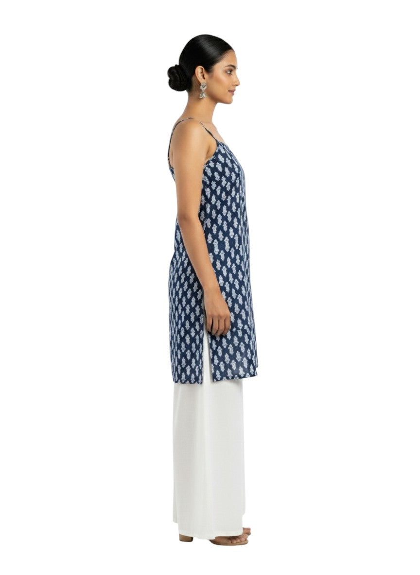 Navy Blue Handblock-Style Strappy Kurti