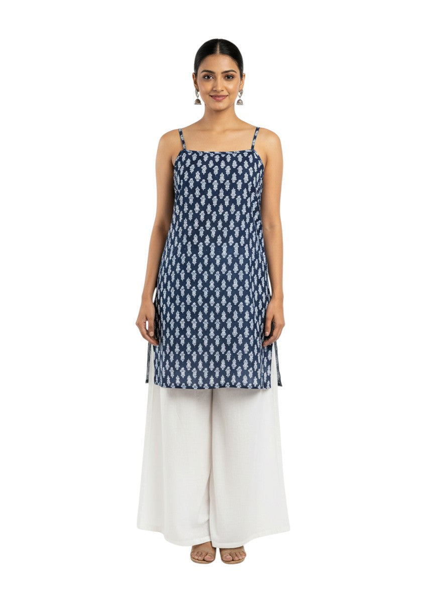 Navy Blue Handblock-Style Strappy Kurti