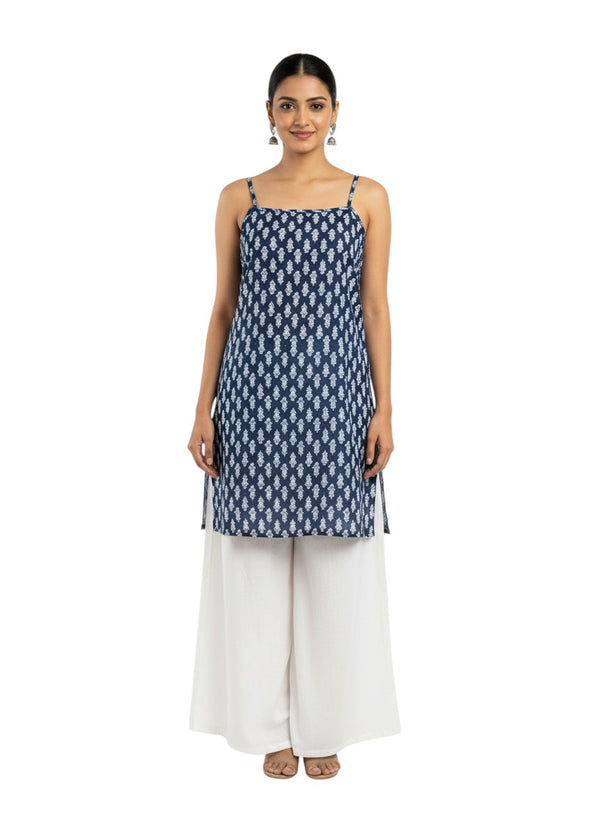 Navy Blue Handblock-Style Strappy Kurti