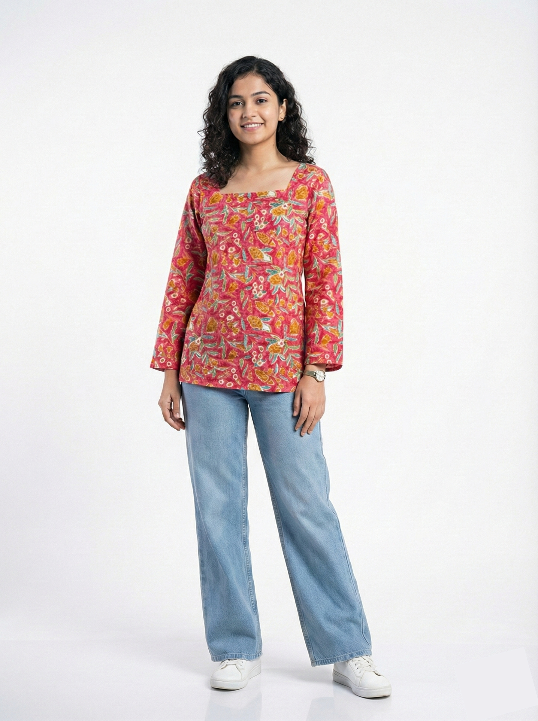 Square Neck Kurti Top (Pink)