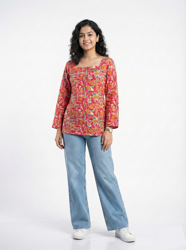 Square Neck Kurti Top (Pink)