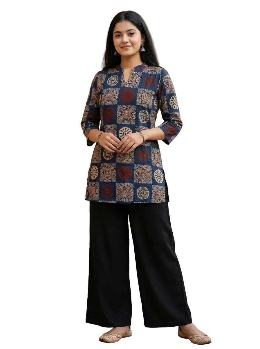 Jaipur Tales Women’s Indigo Printed Straight Kurti | Ethnic Casual Short Kurti Top