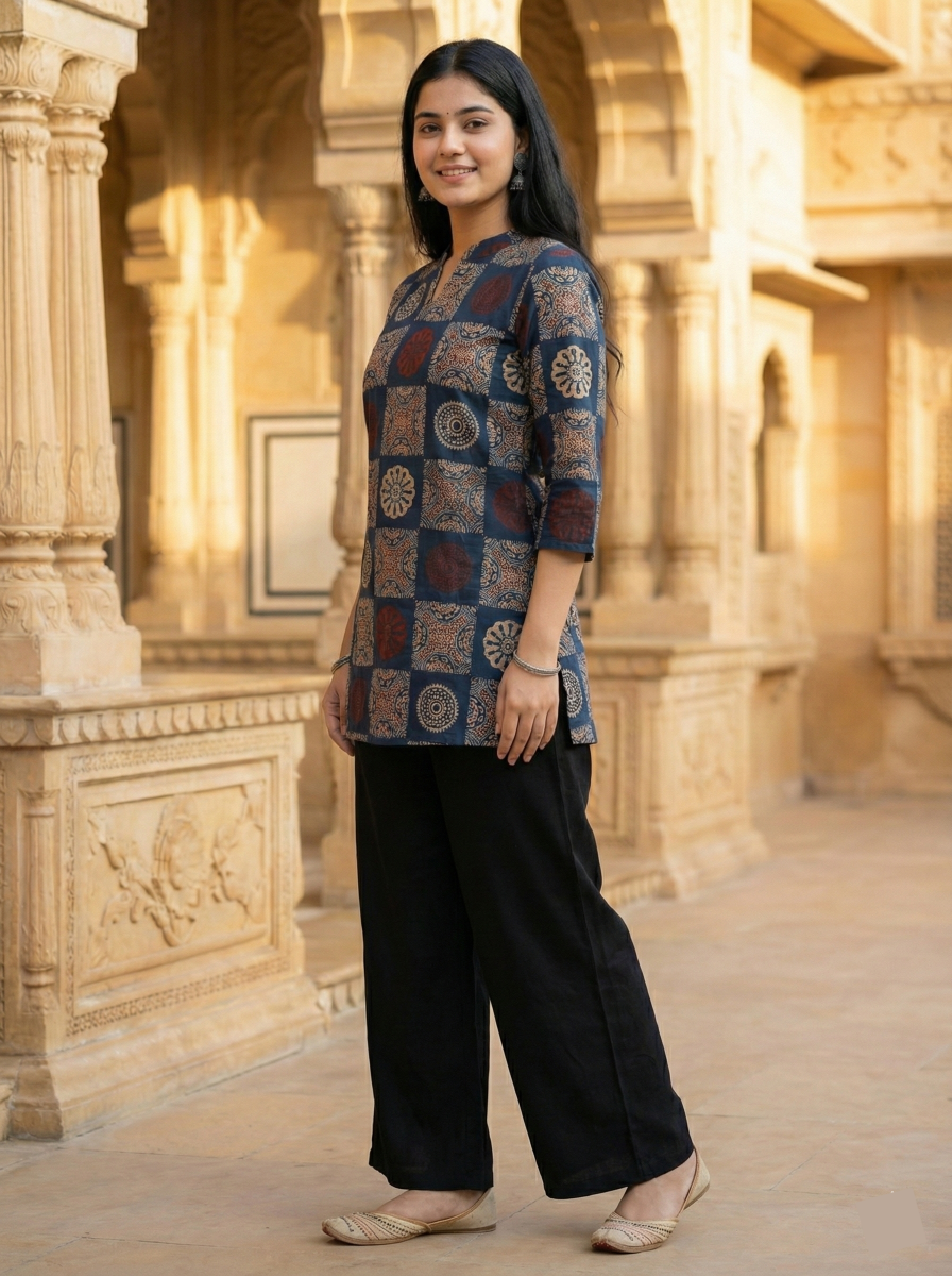 Jaipur Tales Women’s Indigo Printed Straight Kurti | Ethnic Casual Short Kurti Top
